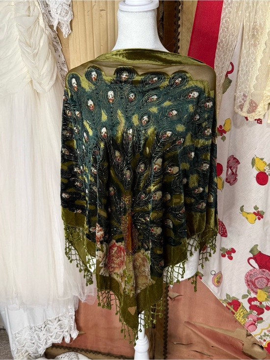 American Vintage Accessories - Vintage Olive Green Velvet Peacock Shawl with Bead Fringe